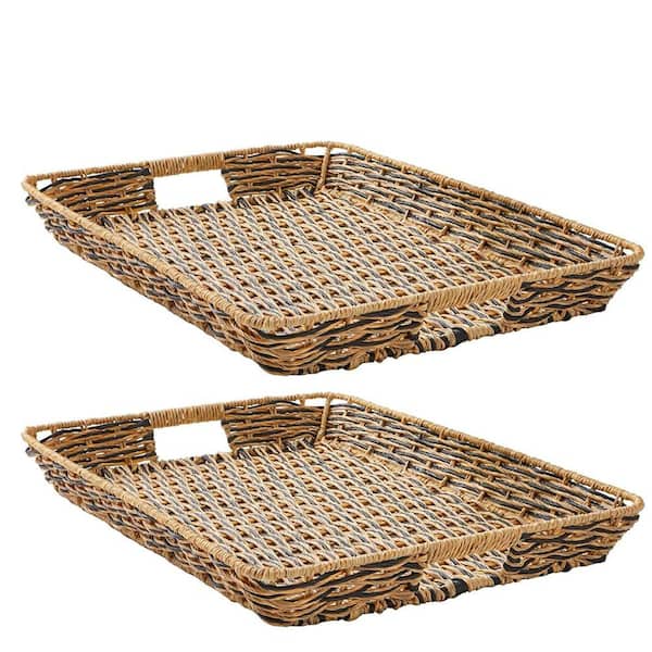 (2-Pack) Better Homes and Gardens Beige and Black Resin Rattan Rectangular Serving Tray