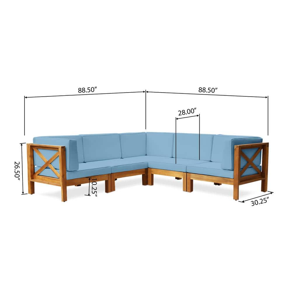 Teak Brown 5-Seater Acacia Wood Outdoor Sectional Sofa with Blue Cushions