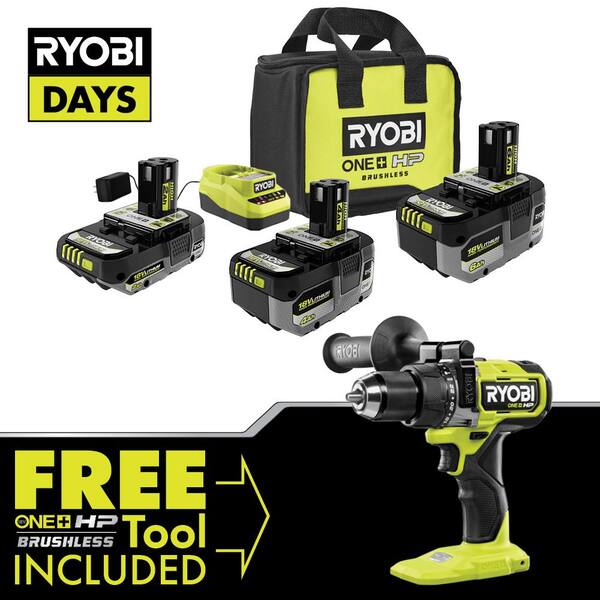 Ryobi ONE+ 18V Lithium-Ion 2.0 Ah, 4.0 Ah, and 6.0 Ah High Performance Batteries and Charger Kit w/ HP Brushless Hammer Drill