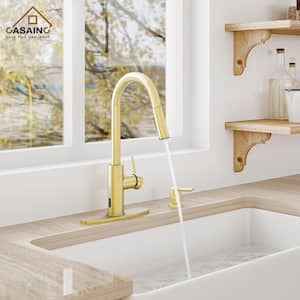 Single-Handle Pull Down Sprayer Kitchen Faucet with Infrared Sensor, Soap Dispenser and Deckplate in Brushed Gold