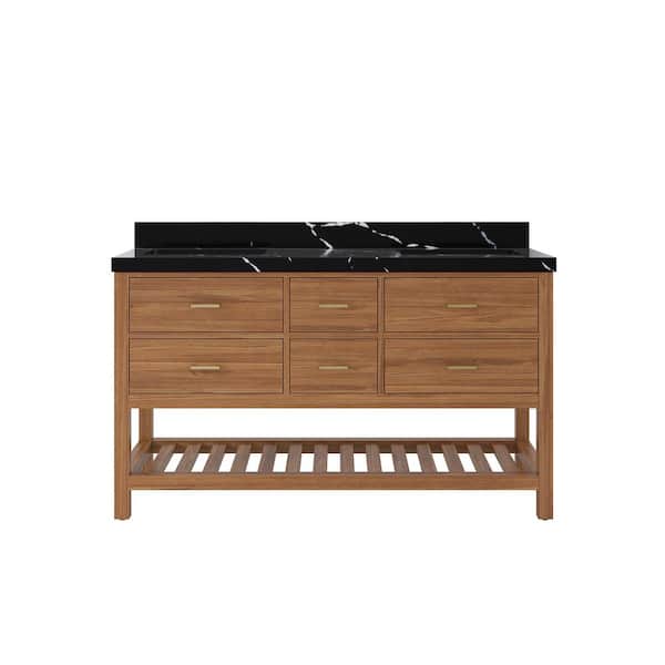 Willow Collections Parker Teak 60 in. W x 22 in. D x 36 in. H Double Sink Bath Vanity in Golden Teak with 2 in. Calacatta black qt. Top