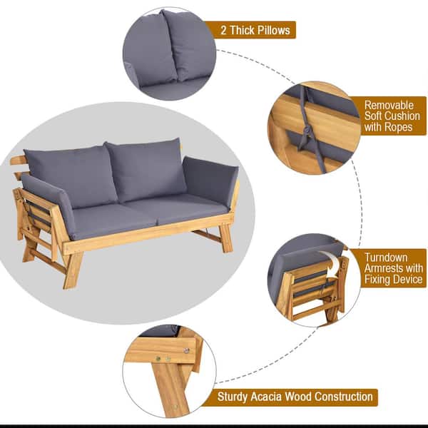 Medisch stad Gezamenlijk Costway Natural Wood Outdoor Sofa Day Bed Adjustable Furniture with Gray  Cushion OP70388+ - The Home Depot