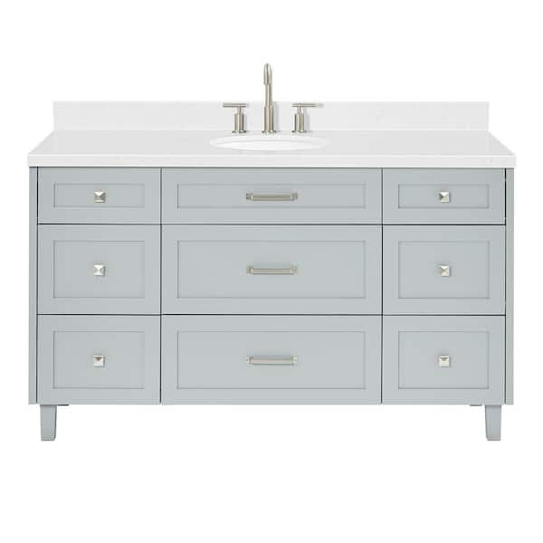 Monroe 60 in. Single Sink Freestanding Bathroom Vanity in Gray with Carrara White Quartz Top