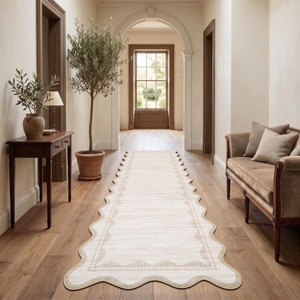 Off White 2 x 6 ft. Fan-shaped Border Rug Washable Solid Color Ultra-thin and Foldable for Living Rooms Bedrooms