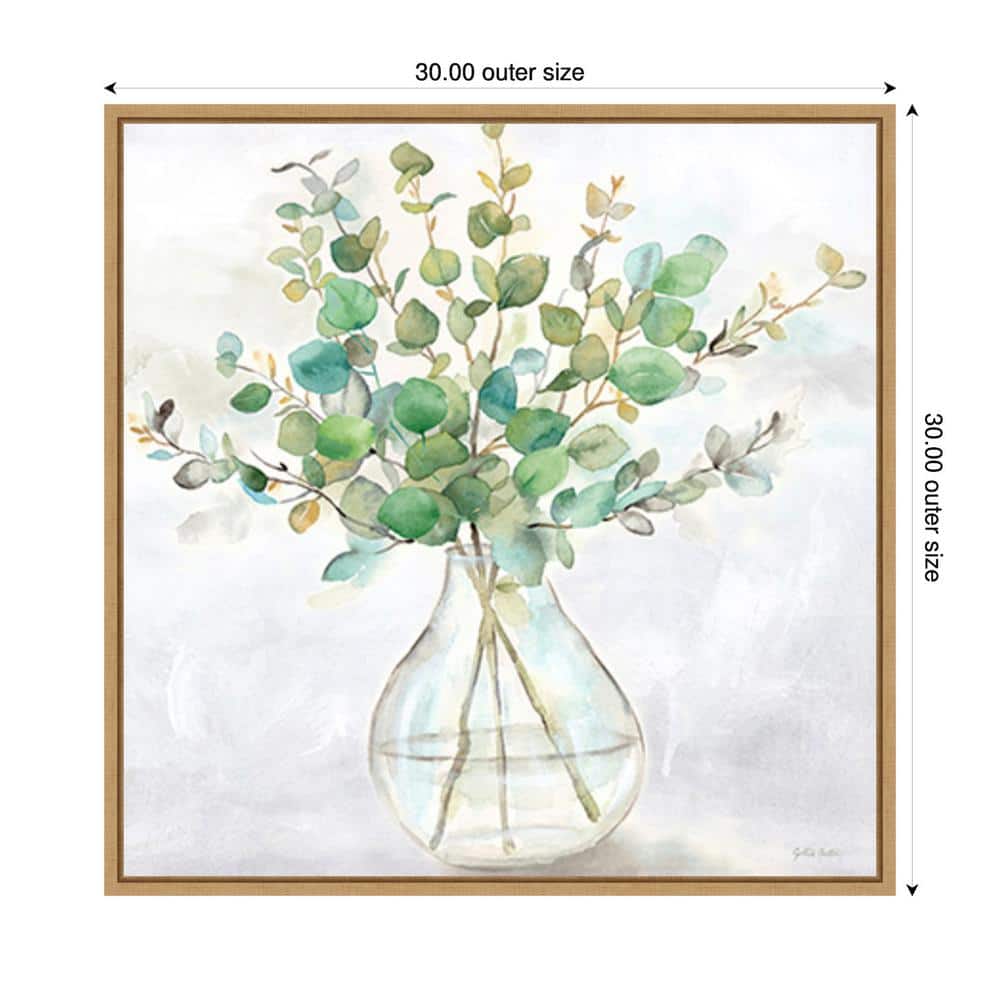 Eucalyptus Vase II Green and Brown Canvas Wall Art with Maple Frame