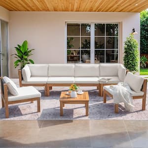 Hawaii Vibe 7-Piece Acacia Patio Conversation Set Rope Woven Chic Outdoor Sectional Sofa with Table and Cream Cushions