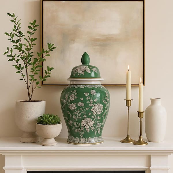 18.25 in. Green/Brown Ceramic Decorative Bird and Flower Temple Jar