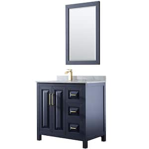 Daria 36 in. Single Vanity in Dark Blue with Marble Vanity Top in White Carrara with White Basin and 24 in. Mirror