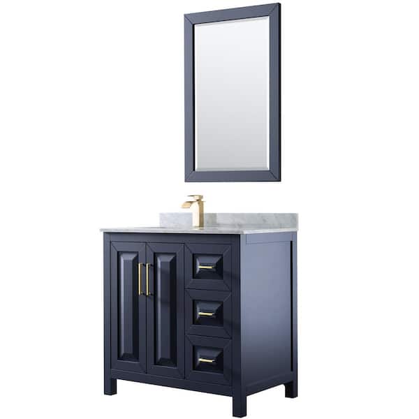 Wyndham Collection Daria 36 in. Single Vanity in Dark Blue with Marble Vanity Top in White Carrara with White Basin and 24 in. Mirror