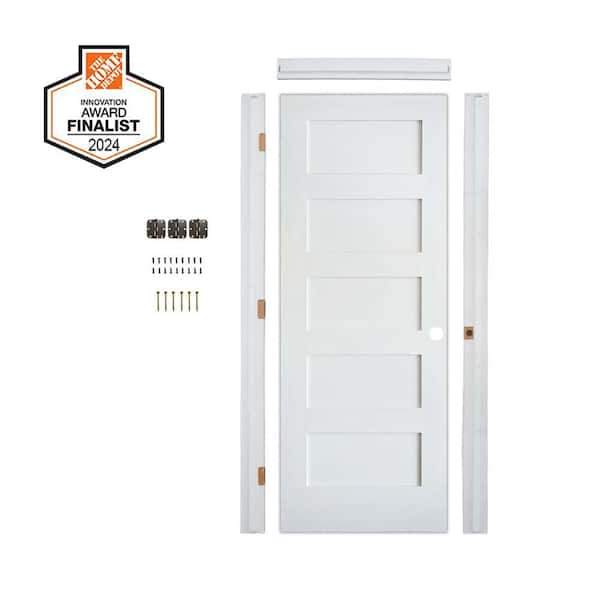 DIY 24 in. x 80 in. Shaker 5-Panel Left-Hand Primed Solid Core MDF Wood Single Interior Door Kit w/ Quick Assemble Jamb