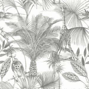 Non-Woven Grey Sketched Jungle Tropical Easy to Remove Shelf Liner Wallpaper