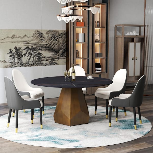 59 in. Black Circular Sintered Stone Tabletop Bronze Pedestal Base Kitchen Dining Table (Seats 8)