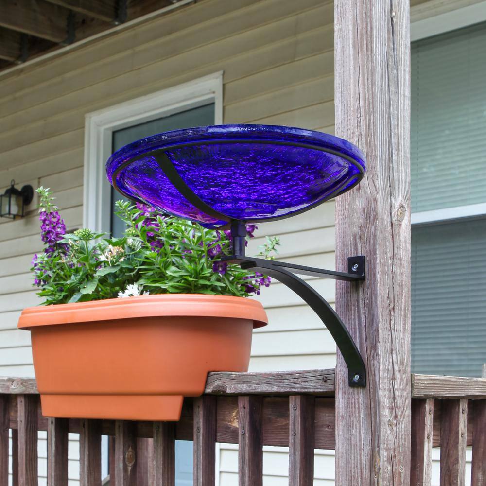 Cobalt Blue Crackle Glass Birdbath with Wrought Iron Wall Bracket