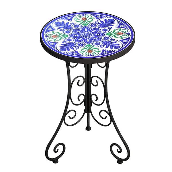 MOEPISY Mosaic Outdoor Side Table, Patio Side Table Tile Round Outside Table Blue