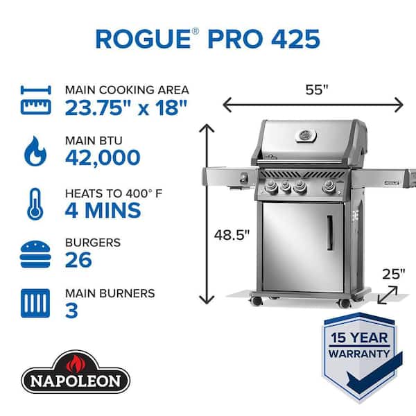 Rogue PRO 425 3-Burner Natural Gas Grill in Stainless Steel with Infrared Side Burner