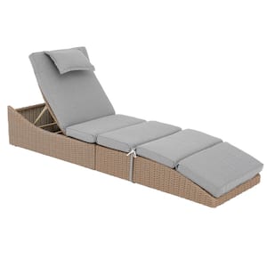 Natural Wicker Folding Outdoor Chaise Lounge Recliner with Gray Cushions, 5 Adjustable Back Positions (1-Pack)