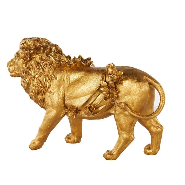Litton Lane 18 in. x 13 in. Gold Resin Walking Lion Sculpture with