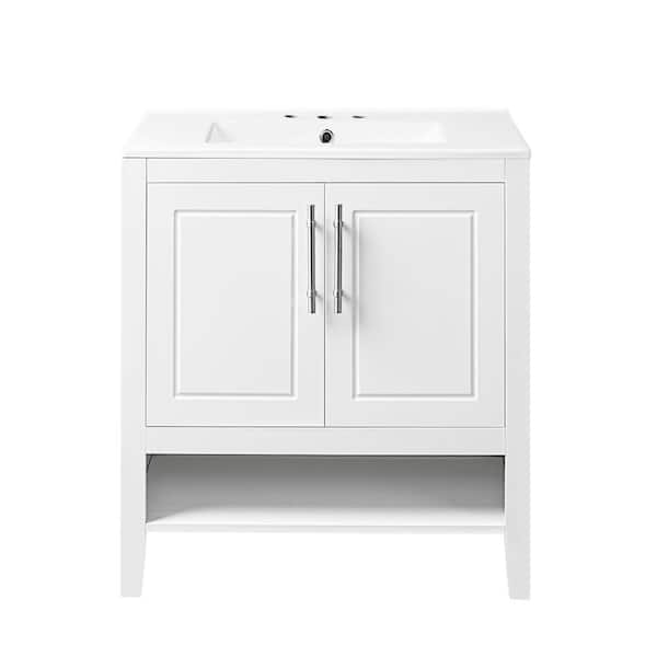 Virubi 30 in. W. x 18.3 in. D x 33 in. H Single Sink Bath Vanity in White with White Ceramic Top, Metal Bar Handles and Shelf