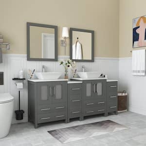 Ravenna 72 in. W Bathroom Vanity in Grey with Double Basin in White Engineered Marble Top and Mirror