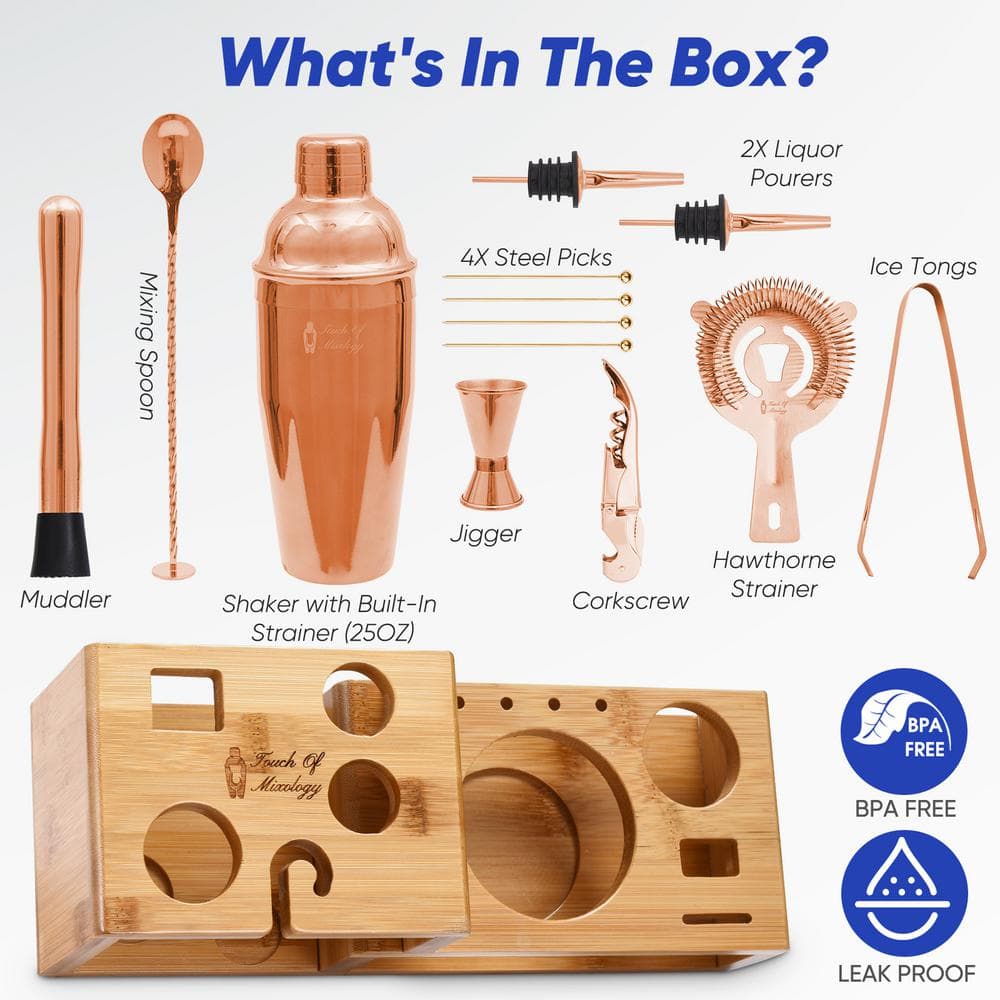 Rose Gold Stainless Steel Bartender Kit with Bamboo Stand