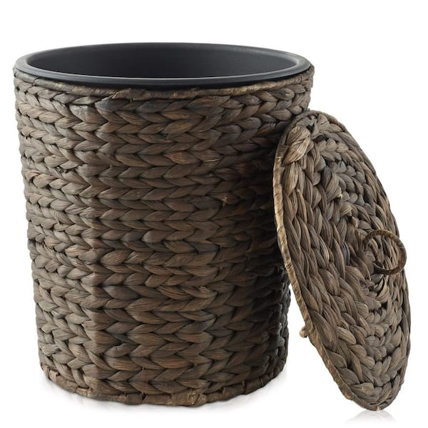 Casafield Brown Espresso 10.5 in. x 13.75 in. Wicker Hyacinth Bathroom Trash Can Decorative Basket with Liner and Lid