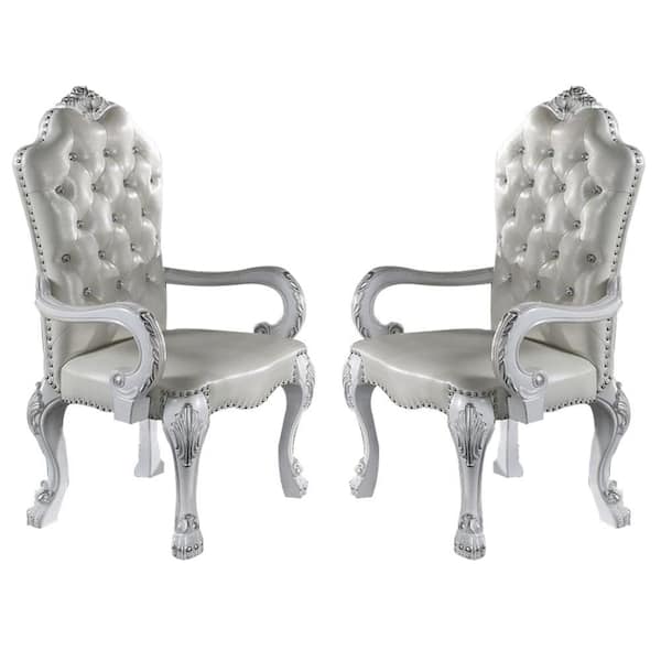 Benjara White and Silver Faux Leather Curved Top Dining Armchair (Set of 2)