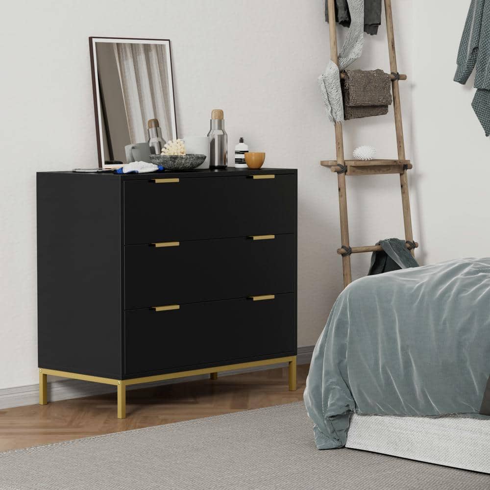 Black and Gold 3-Drawer Mid-Century Modern Chest