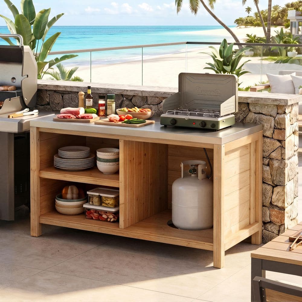 Cedar Wood Burner Propane Tank Grill Island in Brown with 304 Stainless Steel Countertop and Outdoor Cooking Station price history on PriceWatchPro