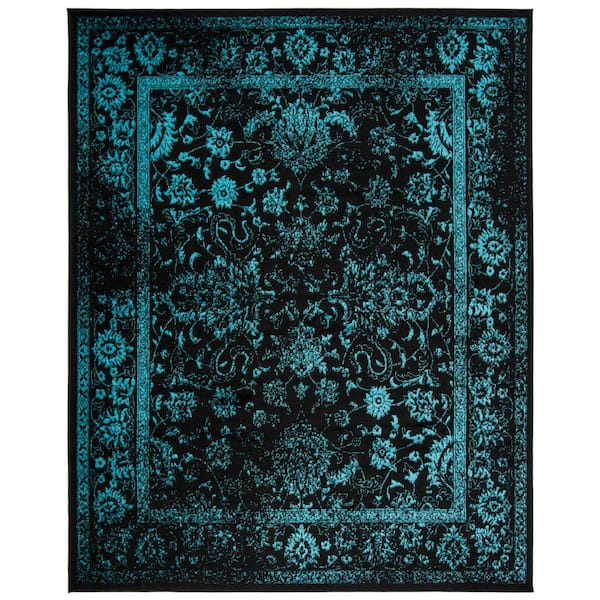 Adirondack 9 ft. x 12 ft. Black/Teal Border Distressed Area Rug