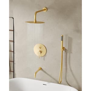 1-Handle 3-Spray Wall Mount Round Tub and Shower Faucet with 10 in. Rain Shower Head in Brushed Gold (Valve Included)