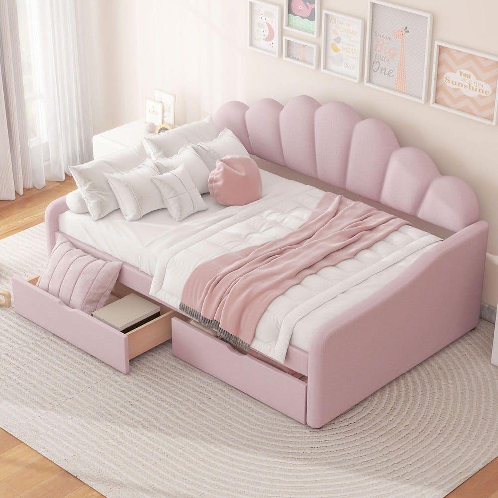 Lornic Modern Pink Velvet Upholstery Wood Frame Full Size Daybed with Shall Shaped Backrest and Drawers price history on PriceWatchPro