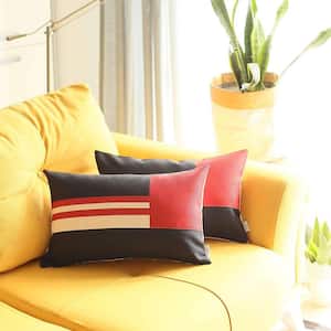 Charlie Set of 2-Red Striped Zippered Handmade Polyester Lumbar Pillow 12 in. x 20 in.