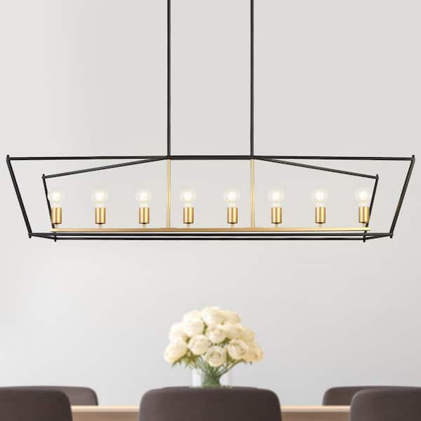Transitional 55.1 in. 8-Light Black and Satin Gold Large Linear Chandelier with Geometric Cage for Kitchen Island