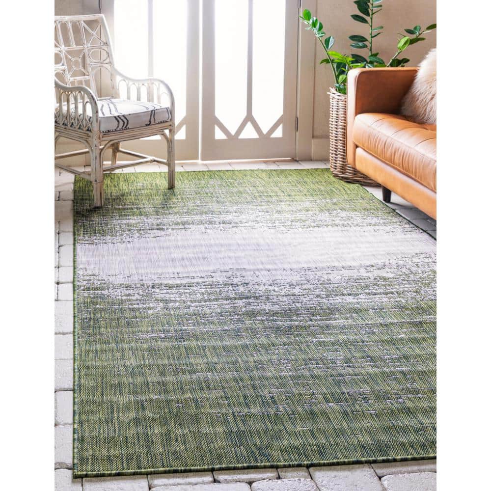 Modern Abstract 9' x 12' Gray and Green Synthetic Outdoor Rug