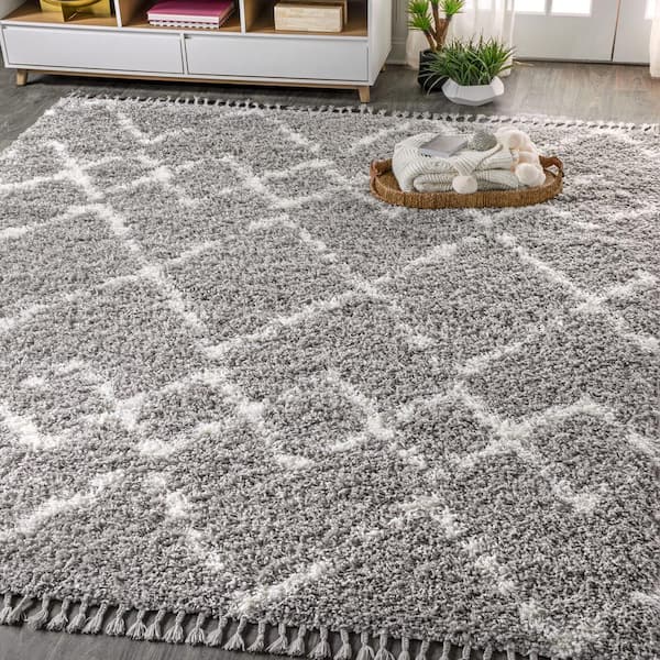 Mercer Shag Plush Tassel Moroccan Tribal Geometric Trellis Grey/Cream 4 ft. x 6 ft. Area Rug