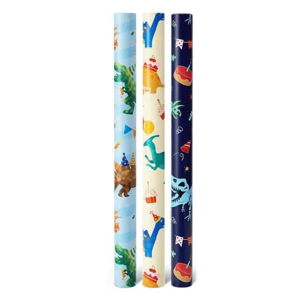 N/A Dinosaur Wrapping Paper Rolls 3 Rolls 17 x 120 Kids Birthday Gift Wrap with Cutting Lines High Quality Material