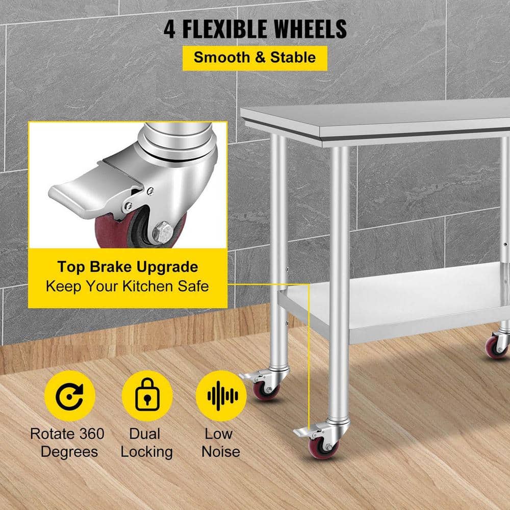 36-Inch Stainless Steel Kitchen Prep Table with Undershelf and Casters
