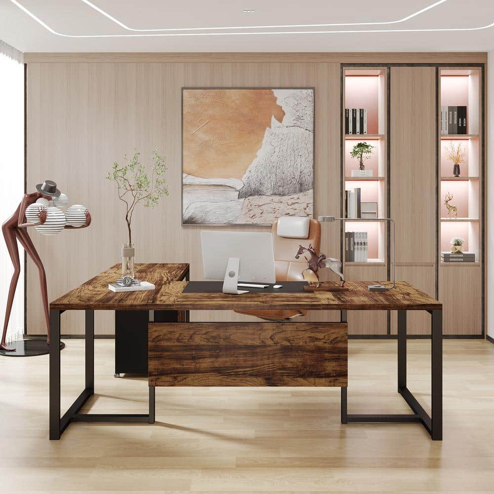 71'' Rustic Brown and Black L-Shaped Desk with Mobile File Cabinet