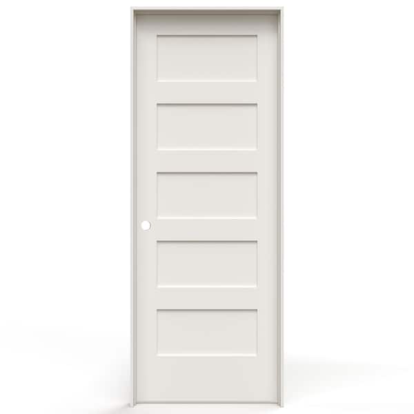 JELD-WEN 30 in. x 80 in. 5-Panel Shaker Right-Hand Primed White Solid Core Wood Single Prehung Interior Door w/ Bore Hole