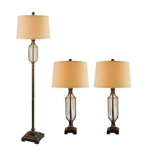 64 in. 3-Piece Antique Brown Metal Wire Lamp Set