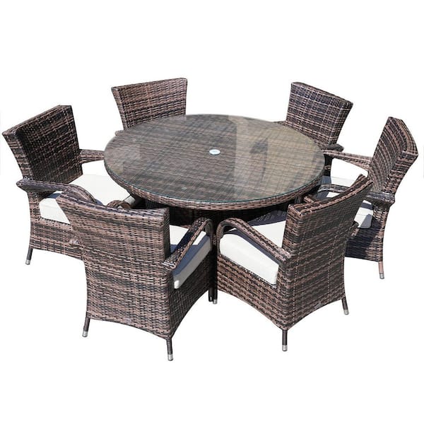 DIRECT WICKER Sicily 7-Piece Wicker Outdoor Dining Set with Washed Cushion-Brown Wicker