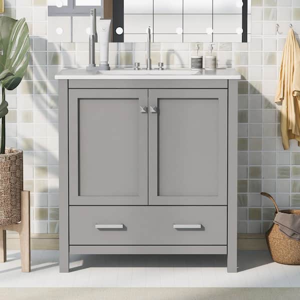 FAMYYT 30 in. Multifunctional Single Sink Freestanding Gray Solid Wood Frame Bath Vanity with White Ceramic Top