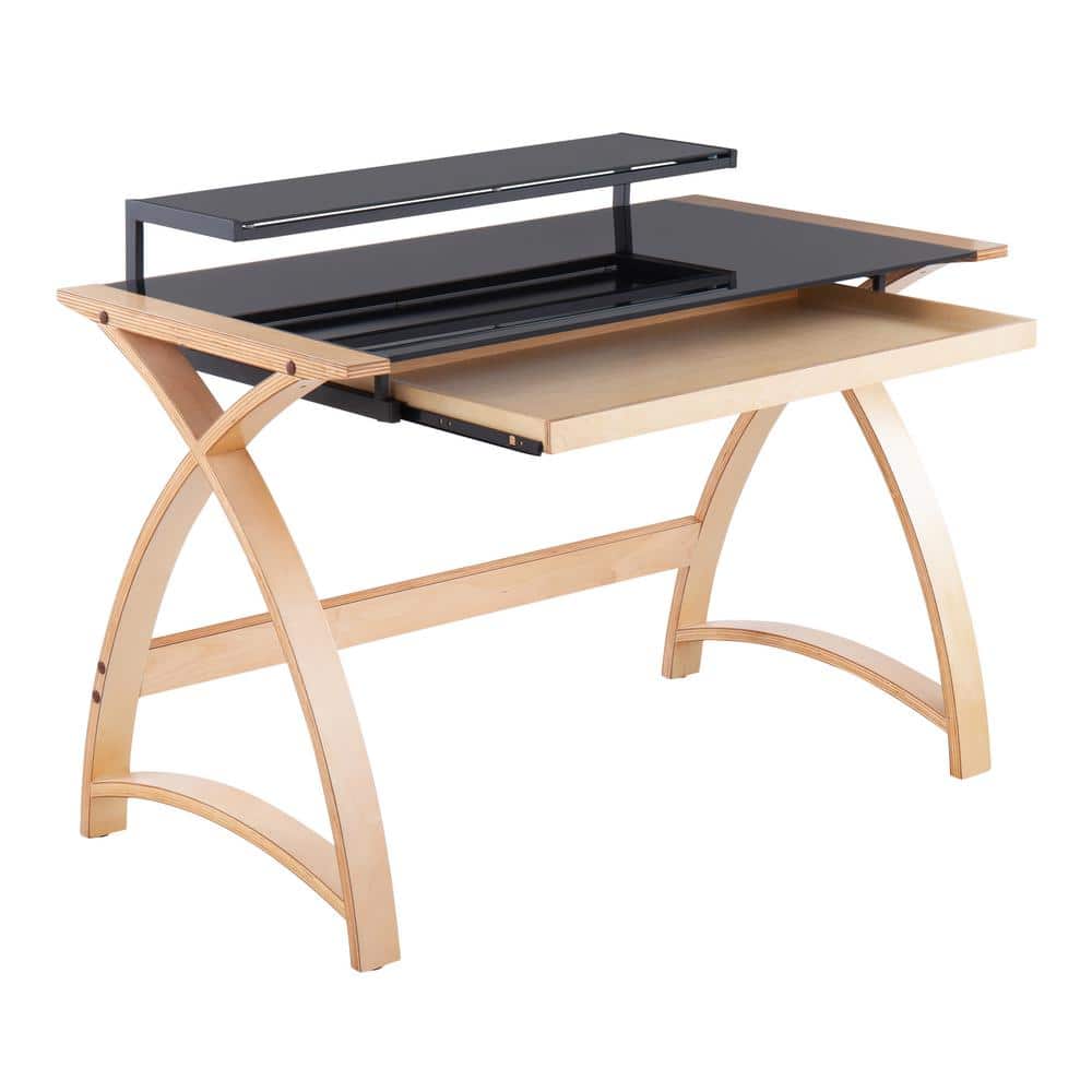 Bentley 43'' Natural Wood and Black Glass Mid-Century Modern Desk with Hutch