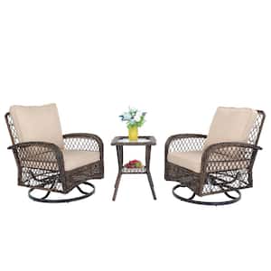Brown 3-Piece Wicker Outdoor Bistro Set with Beige Cushions Outdoor Swivel Rocking Chairs Set