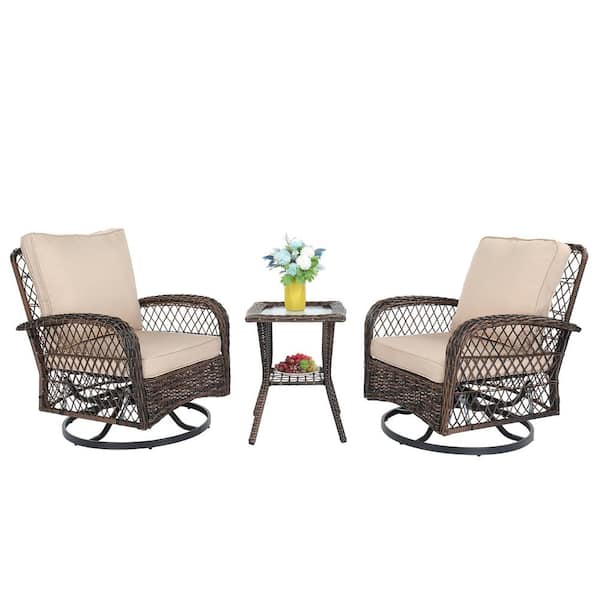 VINGLI Brown 3-Piece Wicker Outdoor Bistro Set with Beige Cushions Outdoor Swivel Rocking Chairs Set
