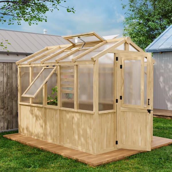 EAGLE PEAK 6.7 ft. W x 9.7 ft. D x 7.7 ft. H Wood Greenhouse with Double-Wall Poly Windows, with Automatic Roof Vent