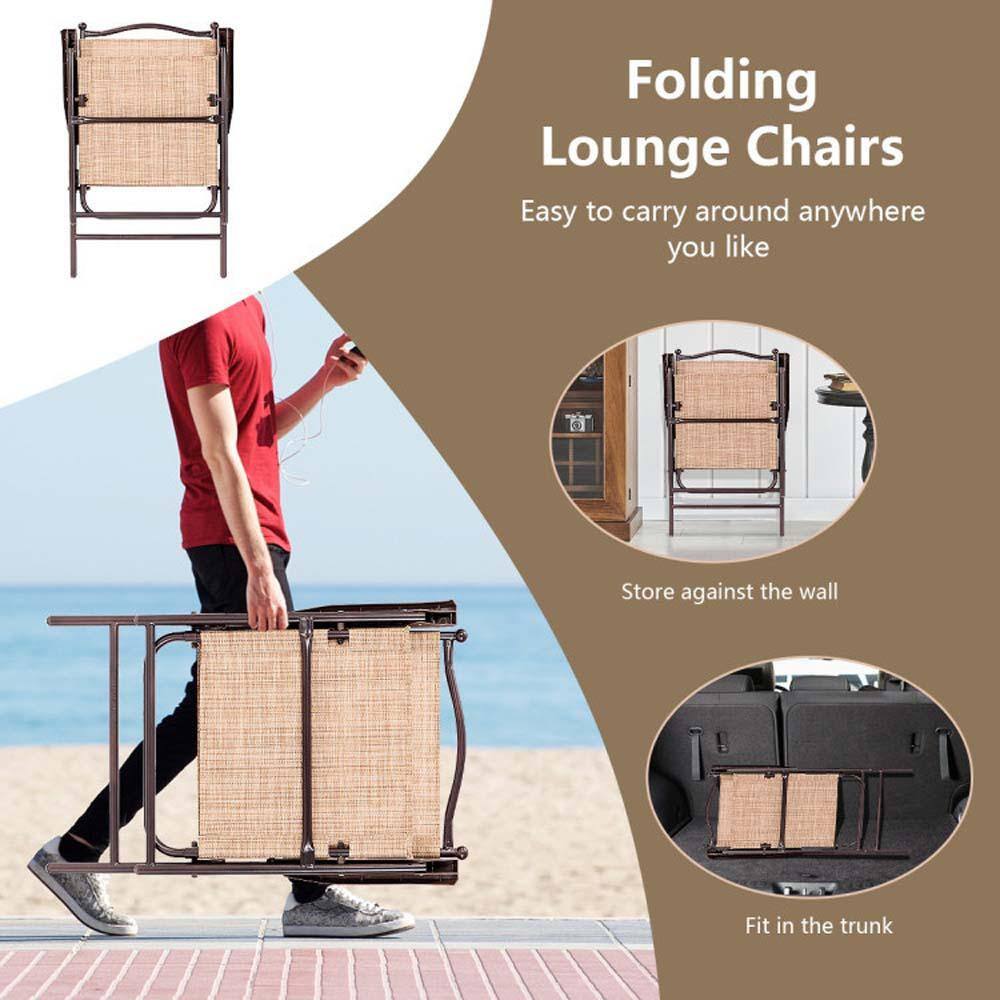 Beige Steel Frame Folding Outdoor Sling Chairs, Set of 2