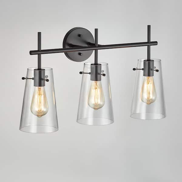 KAWOTI 21.75 in. 3-Light Black Vanity Light with Clear Glass Shade