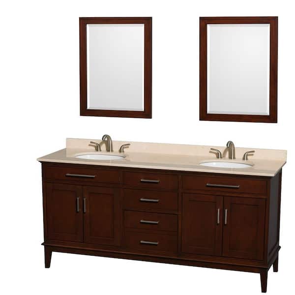 Wyndham Collection Hatton 72 in. Double Vanity in Dark Chestnut with Marble Vanity Top in Ivory, Sink and 24 in. Mirrors