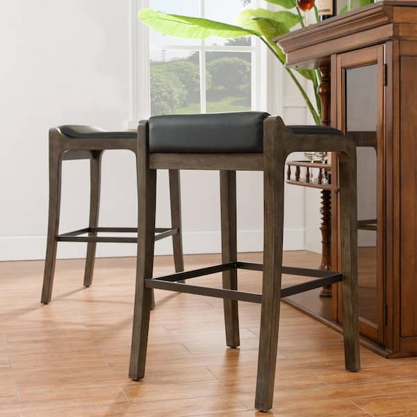Favorite Finds Graystone Wood Fastback Counter Height Stool with Black Faux Leather Seat (Pack of 2)